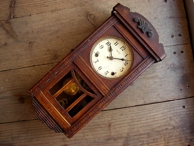  大正頃のアンティーク・クロックのUNION・ユニオン・振り子時計（電池式・クォーツ改造）が仕上がりました。
