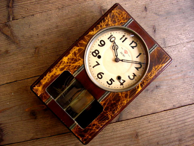 アンティーク・クロックの昭和初期頃・RUBY・ルビー・振り子時計・茶色絞り柄（電池式・クォーツ改造）が仕上がりました。 