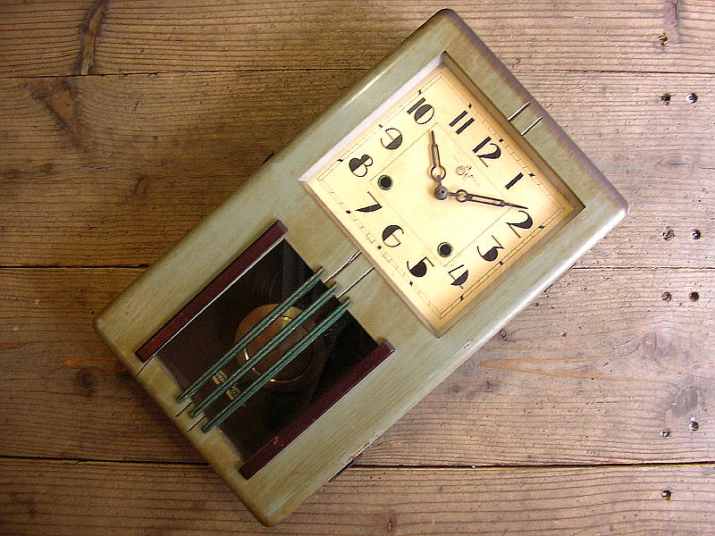 アンティーク・クロックの大正頃・地球馬印・尾張時計・振り子時計・緑色（電池式・クォーツ改造）が仕上がりました。
