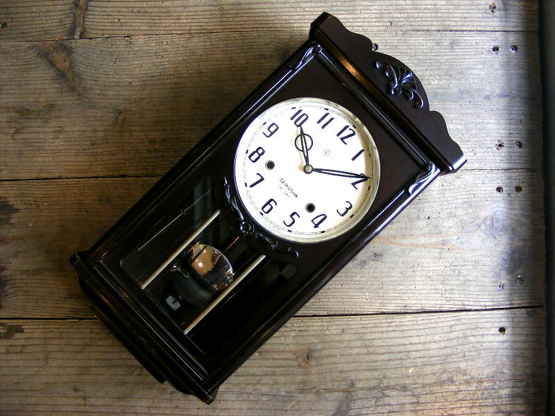 昭和初期頃のアンティーク・クロックの精工舎・14日巻・振り子時計・#2110（電池式・クォーツ改造）が仕上がりました。