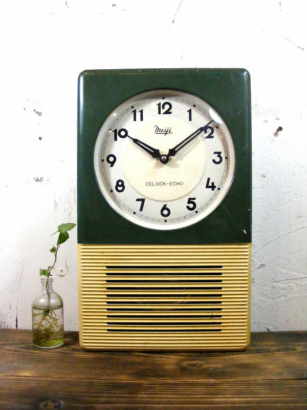 昭和30年代のアンティーク柱時計の明治時計・セロック・エコー・バッテリー・振り子時計・C-218・緑・アイボリー（電池式・クォーツ改造）が仕上がりました。