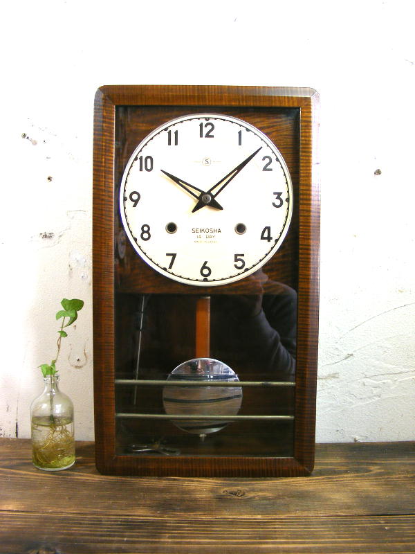 昭和初期頃のアンティーク柱時計の精工舎・振り子時計・14日巻・角型・全面ガラス（電池式・クォーツ改造）が仕上がりました。