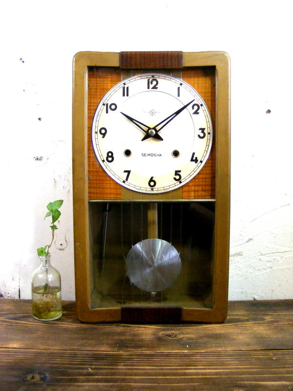昭和初期頃の古時計の精工舎・振り子時計・#1769・全面ガラス（電池式・クォーツ改造）が仕上がりました。