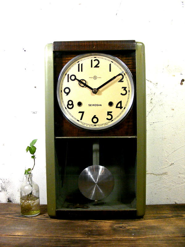 昭和初期頃のアンティーククロックの精工舎・振り子時計・#1750・全面ガラス・オリーブ（電池式・クォーツ改造）が仕上がりました。