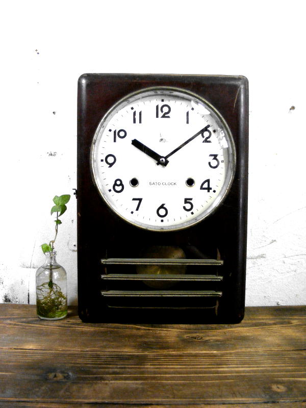 昭和初期頃のアンティーク柱時計の地球鶏印・サトー・クロック・振り子時計・小型・茶色（電池式・クォーツ改造）が仕上がりました。