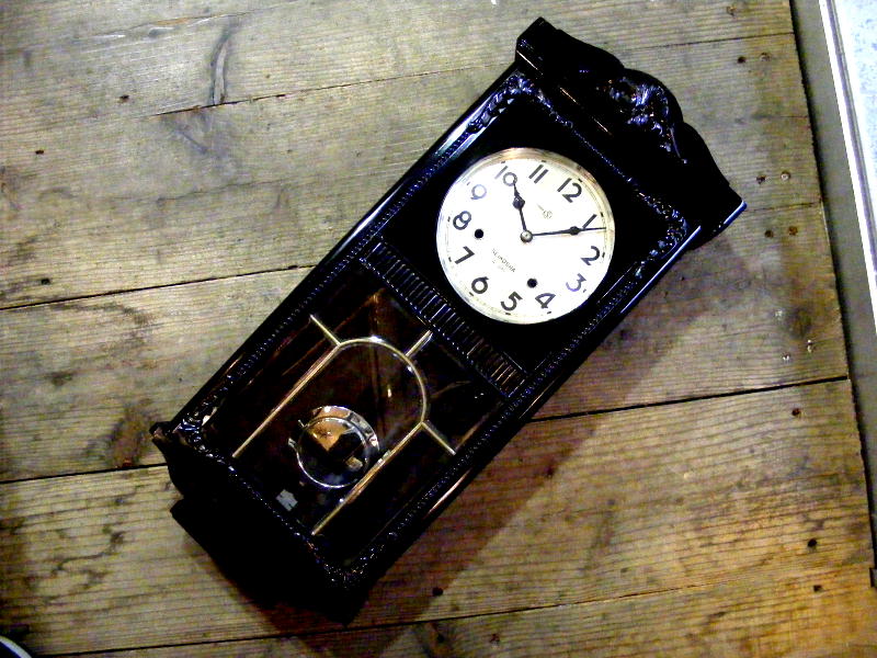 昭和初期頃のアンティーク柱時計の精工舎・中型・振り子時計・14日巻・#2718（電池式・クォーツ改造）が仕上がりました。