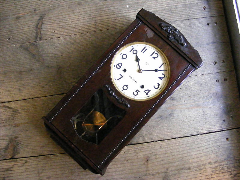 昭和初期頃のアンティーク柱時計の精工舎・振り子時計・横窓付き（電池式・クォーツ改造）が仕上がりました。