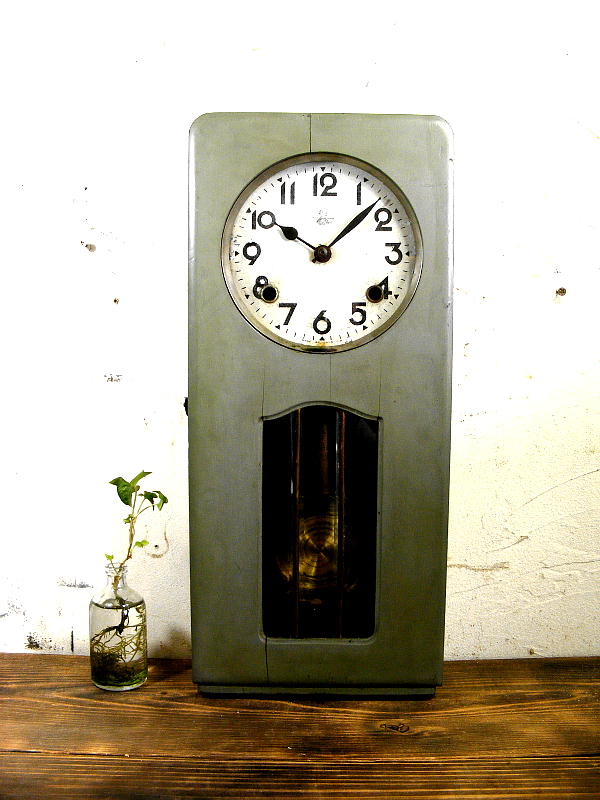 大正頃のアンティーク柱時計の地球鶏印・SATO・CLOCK・サトー・クロック・佐藤時計・振り子時計・カーキ色（電池式・クォーツ改造） が仕上がりました。