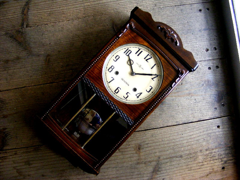 昭和初期頃のアンティーク柱時計の精工舎・振り子時計・#1772（電池式・クォーツ改造）が仕上がりました。