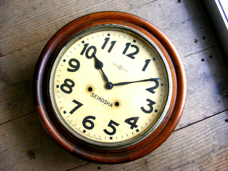大正頃のアンティーク柱時計の精工舎・丸型・振り子時計・手巻式（電池
